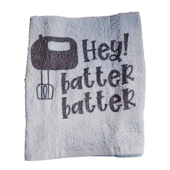 White Kitchen Towel with Humorous Gray "Batter Batter" Design - Picture 1 of 1